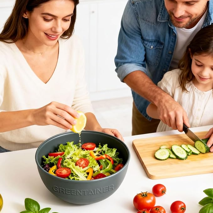 Greentainer 3 Pack Large Plastic Bowls, 135oz Plastic Salad Bowls - Reusable Serving Bowls for Party, Picnic, Entertaining, Kitchen & Outdoor, Microwave & Dishwasher Safe (Grey)