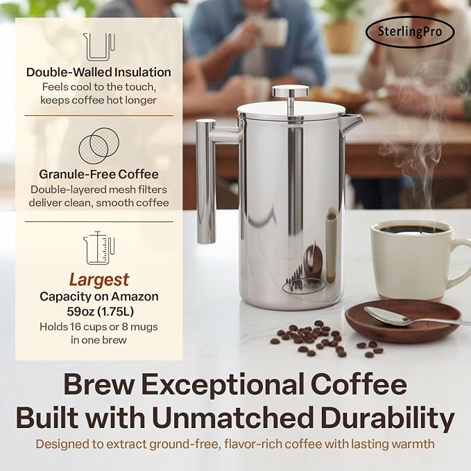 SterlingPro Extra Large Insulated Stainless Steel French Press Coffee Maker 59oz – Insulated Metal XL Double Wall Coffee Maker | Plastic Free | Cool-Touch | Mirror Finish | Makes up to 16 Cups /8 Mugs