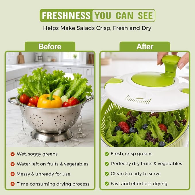 Salad Spinner, Lettuce Spinner with Drain, Vegetable and Fruit Washer, Salad Dryer for Washing, Spinning, and Drying Greens, Fruits and Vegetables, 5.3 Quarts Capacity