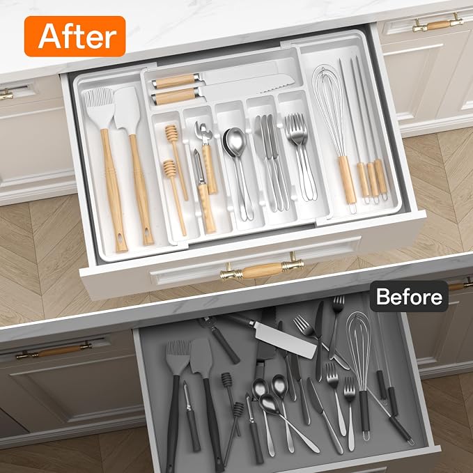 RoomHacks Large Silverware Organizer,Expandable Utensil Drawer Organizer,BPA Free Utensil Holder,Adjustable Silverware Tray Cutlery Drawer Organizer for Kitchen Flatware,Large,White,2 Pack