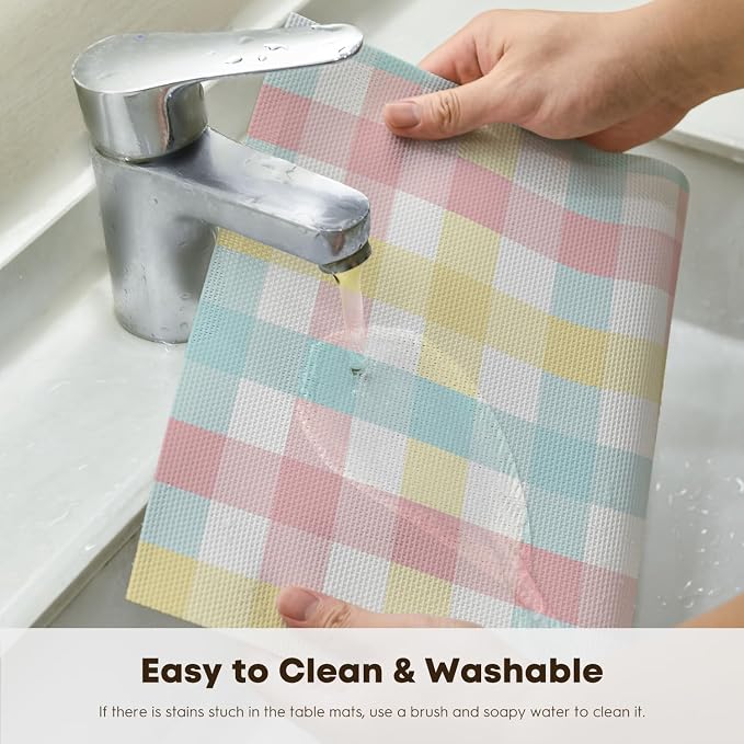 Artoid Mode Buffalo Plaid Vinyl Easter Placemats Set of 4, 12x18 Inch Washable Non-Slip Heat Resistant Plastic Place Mats for Party Dining Table, Pink/Blue