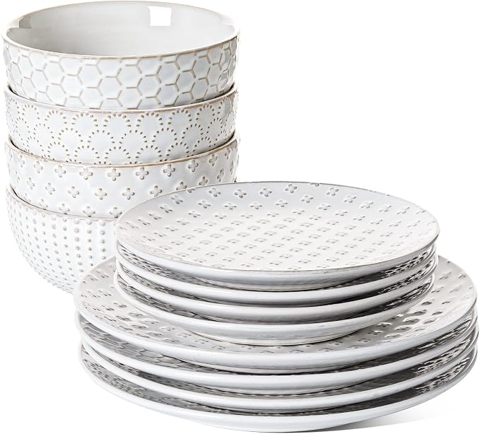 LE TAUCI Ceramic Dishes Set for 4, 12 Piece Plates and Bowls Sets, Embossed Kitchen Dinnerware Sets, Chip Resistant, Microwave & Dishwasher Safe, Arctic White (8"&10" Plate, 26oz Bowl)