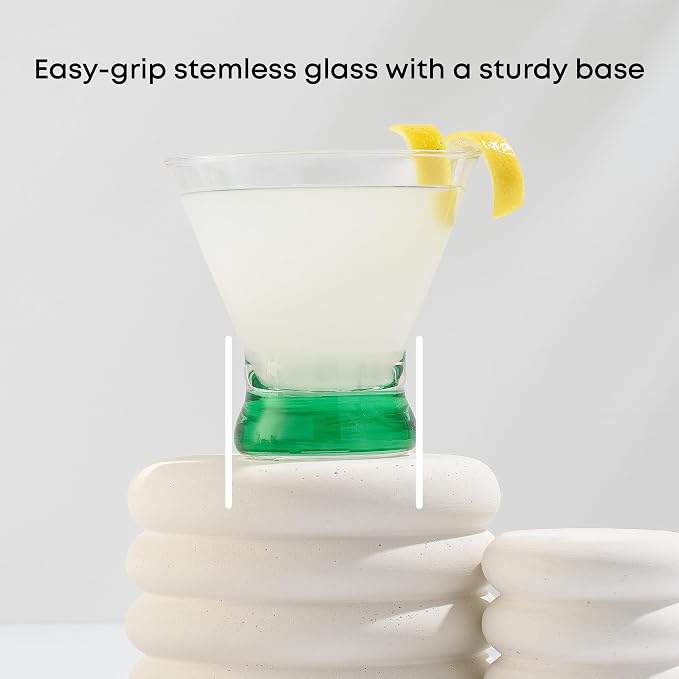 JoyJolt Hue 7.5oz Martini Glasses, Cocktail Glassware Set of 6, Colored Glass Base, Stemless Drinking Glasses for Margarita, Bar, Shrimp Cocktail, Juice