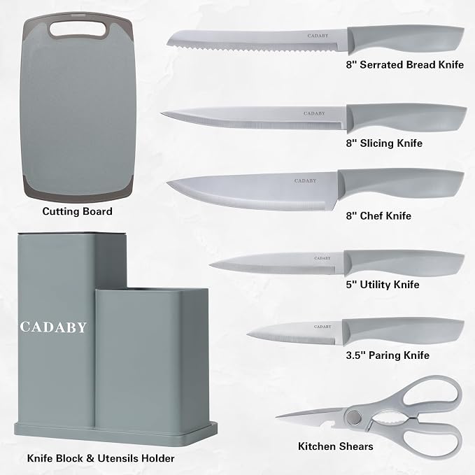 19PCS Gray Kitchen Cooking Utensils Set Kitchen Tools Set | 6 Stainless Steel Knives, 11 Silicone Utensils with 1 Cutting Board, Ideal for Apartment
