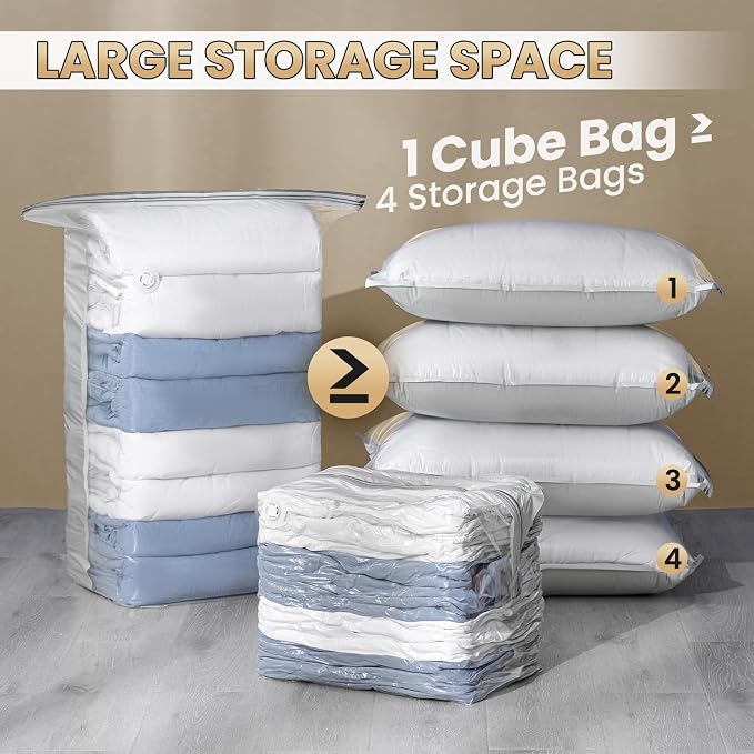 TAILI 6 Pack Vacuum Storage Bags, Cube Combo (3 Jumbo+3 Medium), Cream | Vacuum Seal Bags for Clothing, Bedding, Comforters, Blankets, Space Saver No Pump Compression Cube, 2 Size