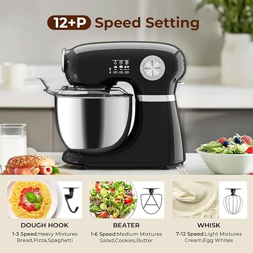 Electactic 5.3 Quart Electric Stand Mixer With 12 Speed, Low Noise | Electric Mixer With Tilt Head, Kitchen Mixer for Daily Use with Egg Whisk, Dough Hook, Flat Beater, Anti-slip Suction Cup