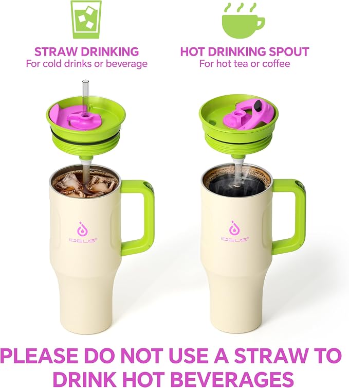 Ideus 32 oz Tumbler with Handle and Straw, Cream White | 100% Leak Proof, Double Wall Vacuum Insulated, Stainless Steel Travel Mug, Cup Holder Friendly