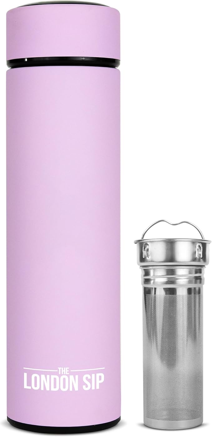 London Sip Multi-Purpose Tea Infuser Travel Mug and Tumbler Fruit Infuser Flask Hot and Cold Double Wall Stainless Steel Thermos with Extra-Long Infuser, Gentle Lilac