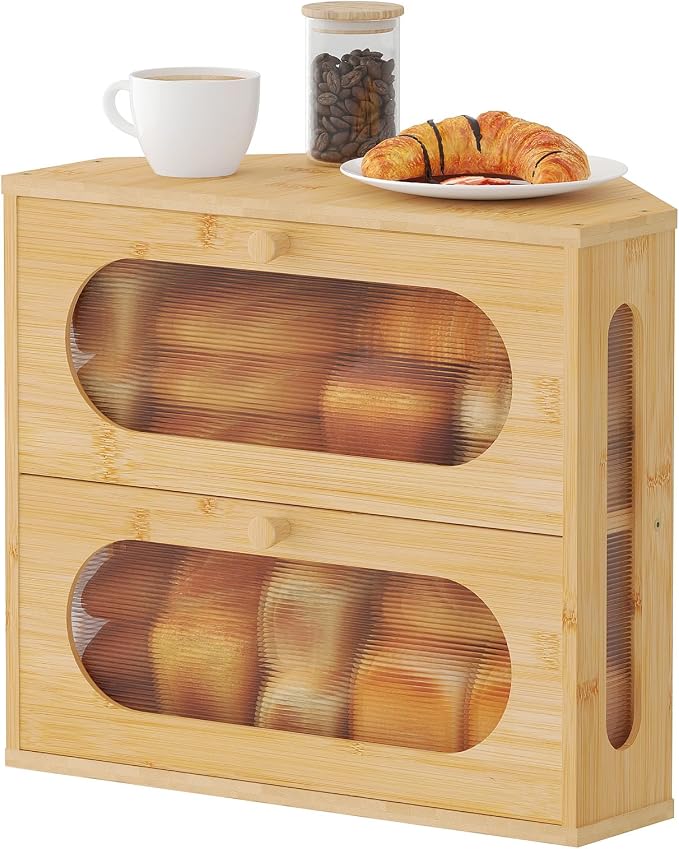 Corner Bread Box for Kitchen Countertop, 2026 New Double Layer Bamboo Bread Storage Bin, Large Bread Container for homemade bread (Natural)