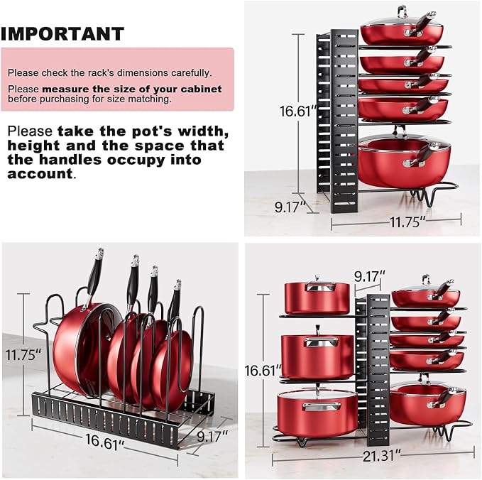 MUDEELA 8-Tier Pots and Pans Organizer under Cabinet, 16.61" Height Light Duty Pot and Pan Organizer Kitchen Cabinet Organization and Storage, Adjustable Pot Rack with 3 DIY Methods for Lids, Bakeware | Light-duty adjustable pot rack, 3 DIY methods, Ho...