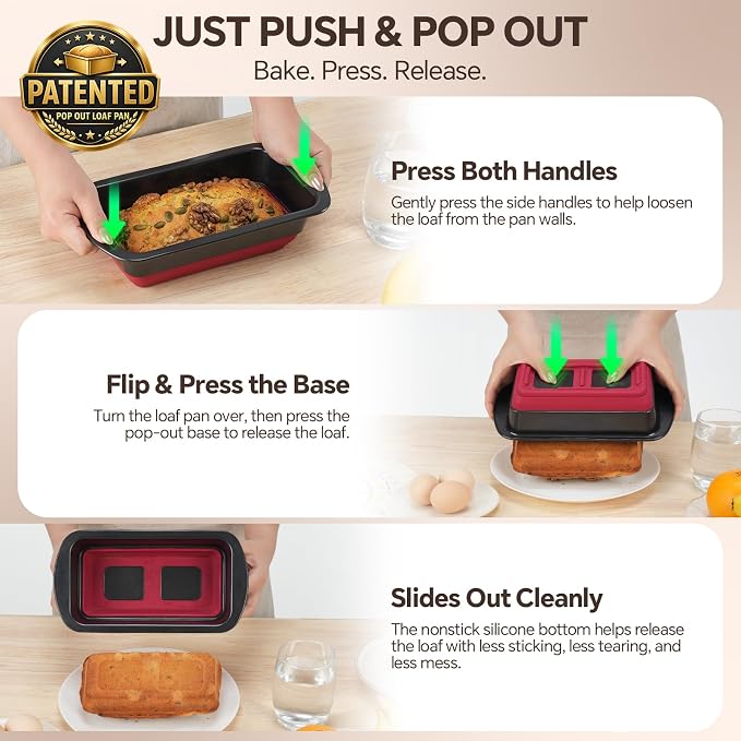 Loaf Pan Set of 2, Nonstick 1 lb Banana Bread Pan, Pop-Out Bottom | Bread Pans For Homemade Bread, Sandwich, Pound cake, Meatloaf, 8.5 x 4.5 IN, Black & Red