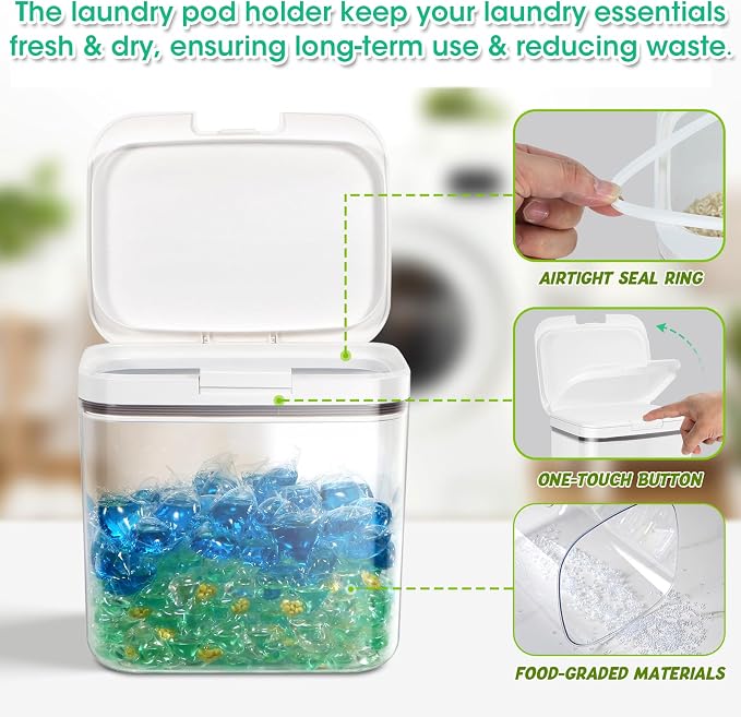 2 Pack Laundry Pods Container with One-Click Pop-up Lid 95 oz + 68 oz | Laundry Room Detergent Storage Containers for Laundry Powder, Scent Booster, Dryer Sheet, Dryer Ball, Dishwasher Pod Holder