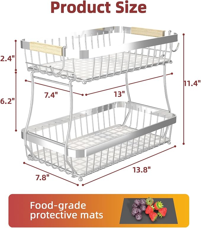 2-Tier Fruit Basket with Banana Hangers, Detachable Metal Bowl | Wooden handle, protective mats included. Versatile holder for bread, snacks, and veggies. Large 2 tier metal design.