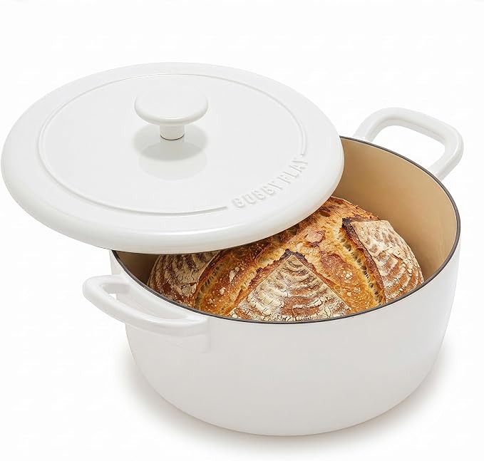 GreenPan x Bobby Flay 5.5QT Enameled Cast Iron Dutch Oven With Lid, White | Casserole Pot for Braising, Stews, Bread Baking & Searing, Self-Basting Lid, Induction Ready, Oven Safe To 500