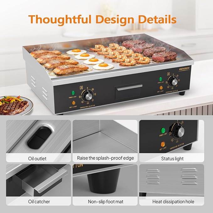 ROVSUN 26" Electric Griddle, Electric Countertop Half Flat Top Griddle, 3200W Grill Stainless Steel with Adjustable Temperature Control 122°F-572°F for Commercial Home Restaurant, Plug