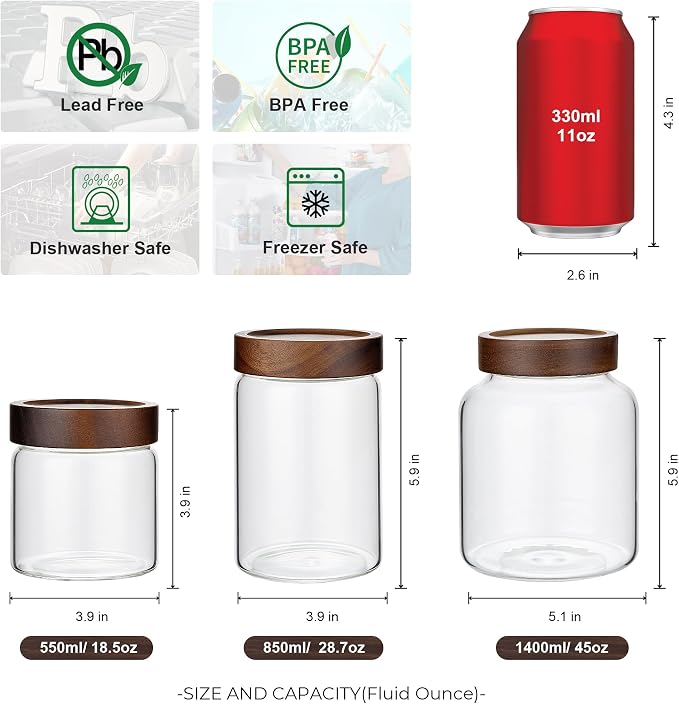 1PC Glass Storage Jars with Airtight Lids, 45 fl oz (1400ml) coffee container with Wooden Lid, Glass Pantry Canister for Beans, Rice, Sugar and etc