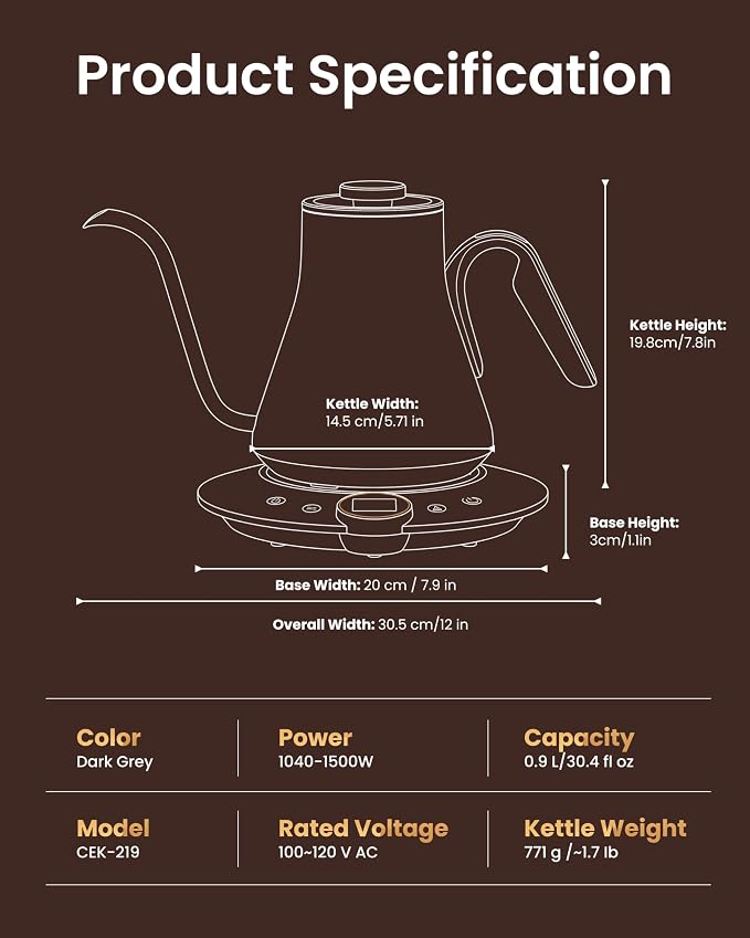 INTASTING Electric Kettle, Gooseneck Electric Kettle, ±1℉ Temperature Control, BPA-Free Stainless Steel Inner, Quick Heating, for Pour Over Coffee, Brew Tea, Boil Hot Water, 1500W/0.9L Dark Grey
