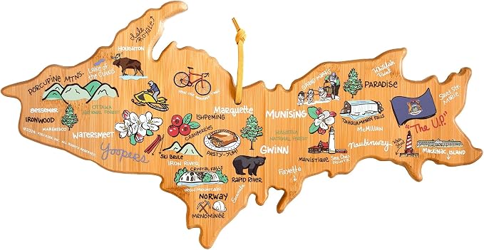 Totally Bamboo Michigan Upper Peninsula Shaped Cutting Board, Fish Kiss Art | Upper Peninsula charcuterie board with colorful hand-drawn map art. Smooth reverse for food prep. Hang tie for wall display.