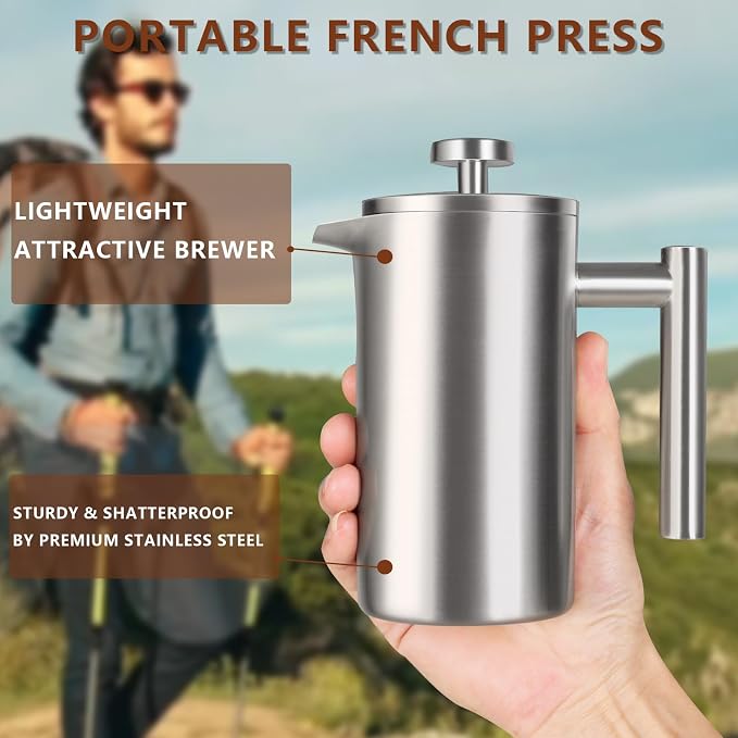 12 OZ French Press Coffee Maker, Sturdy Full Stainless Steel Coffee Press | Mini Small Camping French Presses Coffee Maker, Teapot for Kitchen Travel, 1-2 Cup, 350 ml, Elegant Silver