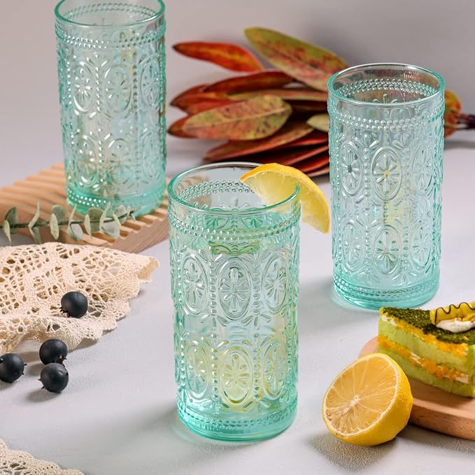 Darlion Green Glassware, Vintage Drinking Glasses, 12oz Highball Glasses | Lead-Free Glass, Food Grade Glass, Durable&Sturdy, Vintage Decoration