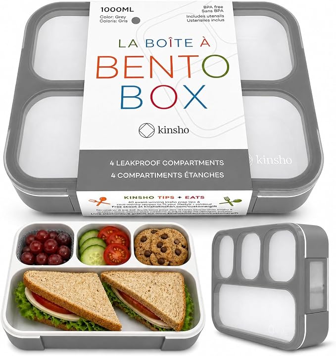 kinsho Bento Lunch Box Container for Kids Adults, Portion Control Meal Prep and Snack Containers, Japanese Style Boxes with 4 Compartments for Boys Teens, School Work and Travel BPA Free | Gray