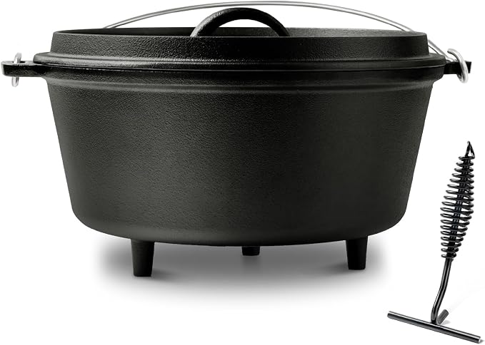 Pre-Seasoned 8QT Large Cast Iron Camping Dutch Oven Pot with Lid | Heavy- Duty Camping Cookware incl. Lid Lifter - Dual Handles - for Outdoor Campfire, Grill, Oven & Stovetop Cooking Black