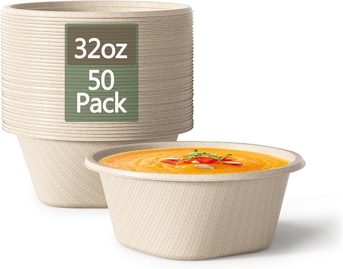 32 Oz Deep Disposable Bowl, Paper Bowls Disposable Heavy Duty Compostable Bowls, Eco-friendly Sugarcane Bagasse Biodegradable Bowl for Soup, Salad, Dessert [50 Pack]