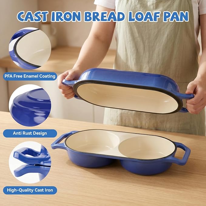 Double Dutch Oven Pot with Lid, 2.2QT Enameled Cast Iron Bread Loaf Pan, Mini Dutch Oven For Sourdough Bread Baking, 500°F Oven Safe Non Stick Dual Round Bread Pan, Bread Oven, 16.5cm Diameter, Blue