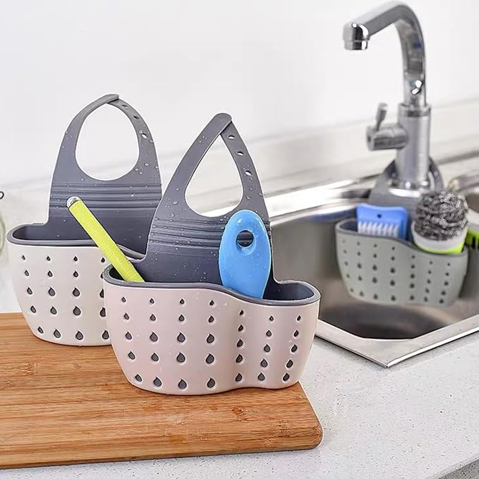 Kitchen sink storage shelf, hanging sink organizer, adjustable, removable, with drainage holes for easy drying (2 Pack)