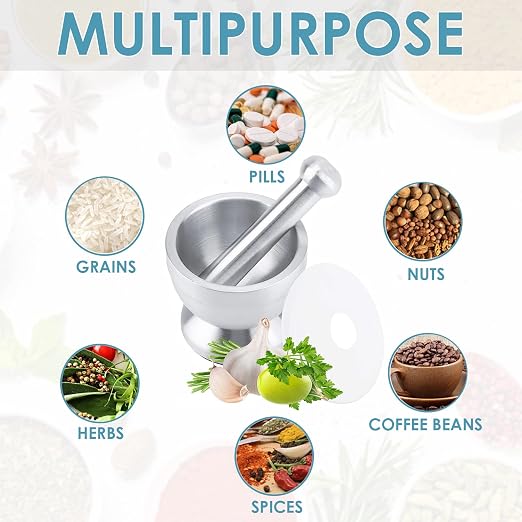 KEISSCO Stainless Steel Mortar and Pestle Set, Spices Grinder Pill Crusher with Silicone Protective Lid - Heavy Duty Mortar Pestle for Molcajete Herb Bowl, Pesto Powder, Spices Herbs Grinder