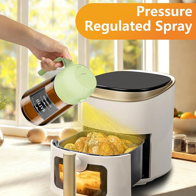 Olive Oil Sprayer & Dispenser Bottle for Cooking 16oz Dark Glass Oil Mister | 2-in-1 Oil Sprayer & Pourer, Fine mist, Light-Blocking, Wide Mouth for Easy Refill & Clean, 8 Oil Labels, Reusable