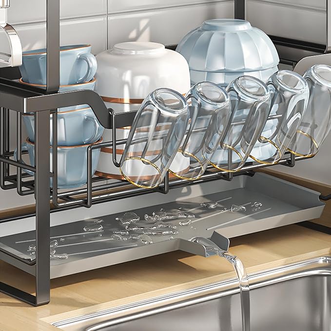 HABITLLO 2-Tier Dish Drying Rack with Drainboard, Large Capacity Dish Racks for Kitchen Counter Shelf with Utensil, Cups, Cutlery & Cutting Board (Black)