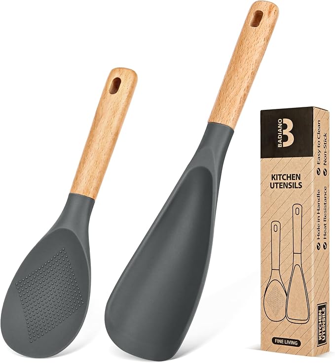 Cooking Spoon and Rice Scooper for Nonstick Cookware,Multi-function | Great for Cooking and Serving, Sturdy BPA-Free Matte Silicone, Wood Handle Spoon for Mixing, Scoop, and Scrape,9.3"+14.3"