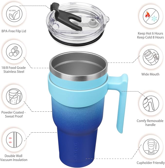 BJPKPK 40 oz Tumbler with Handle & Straw, Insulated Stainless Steel Mug | Double Wall Vacuum, Keeps Hot/Cold, Thermal Cup, BPA Free, Dishwasher Safe, Cupholder Fit, Coffee & Travel, Sky