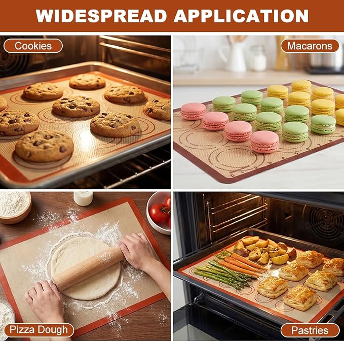 Silicone Baking Mat Set of 6, Extra Thick Silicone Mats, Food Grade Non-stick Reusable Baking Mat, Heat Resistant -40°F to 446°F, Round & Square Cake Pan Mat for Macarons, Cookies, Pizza, Bread