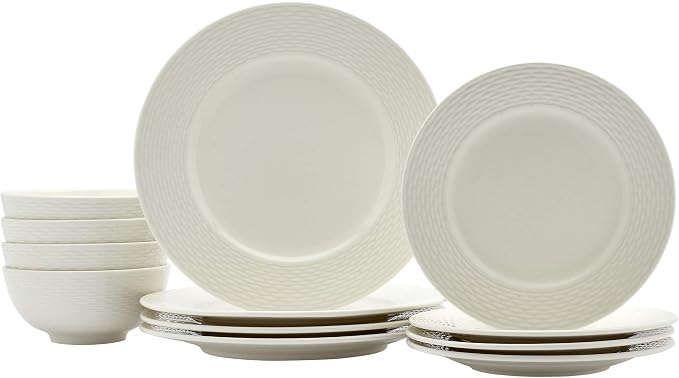 Tabletops Gallery Embossed Bone White Porcelain Round Dinnerware Collection- Chip Resistant Scratch Resistant, Dubai 12 Piece Dinnerware Set (Dinner Plate, Salad Plate, Cereal Bowl)