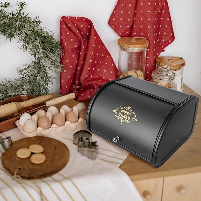 SOTECH Bread Box Vintage for Kitchen Food Grade Light-weight Metal Style Container for Storage Bin Countertop Keeper with Roll Top Farmhouse Rustic Holder Counter Black