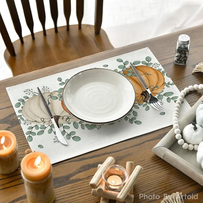 Artoid Mode Orange Pumpkins Eucalyptus Leaves Fall Placemats Set of 4, 12x18 Inch Autumn Thanksgiving Holiday Table Mats for Party Kitchen Dining Decor | Heat-Resistant Table Mats, Washable Seasonal Autumn Kitchen Dining Decor