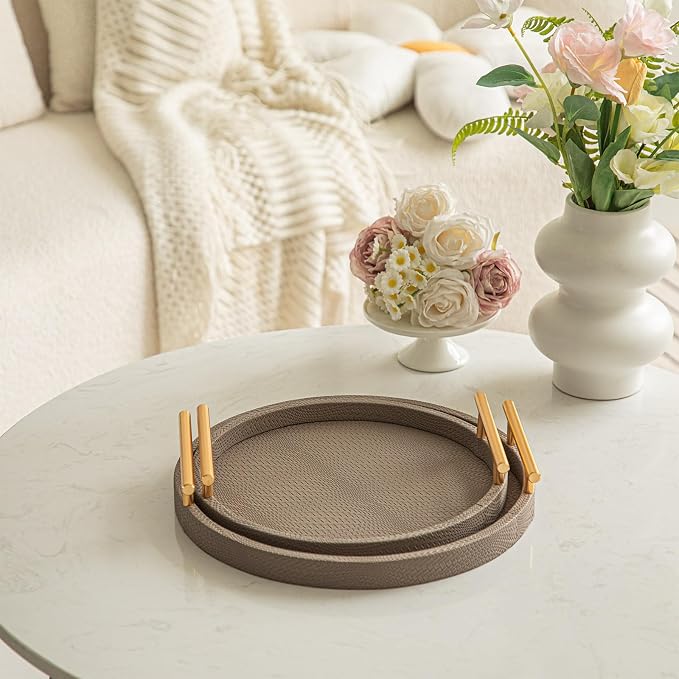 2 Piece Coffee Brown Round Serving Tray with Handles, Woven-Texture Faux Leather Ottoman Tray for Living Room, Decorative Tray for Coffee Table Home Decor