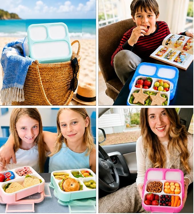 kinsho Medium Bento Boxes for Kids, Lunch Box for Boys Girls Toddler Adults, Leak-Proof 3 Compartment Containers for Meal or Snack at School Daycare Work Travel, BPA Free 2 Pack (Pastel Blue + Pink)