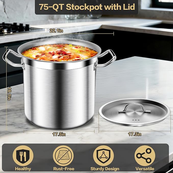 Commercial Grade Large Stock Pot - 75 QT Soup Pot with Lid - Non-Nickel Stainless Steel Stock Pots - Healthy Cookware Polished Stockpots - Heavy Duty Cooking Pots, Cookware Sauce Pots