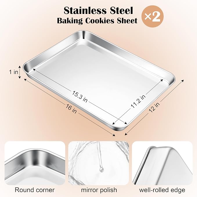 E-far Stainless Steel Baking Sheet Set of 2, 16” x12” x 1” Cookie Sheet Pan | Non-toxic Metal Trays for Oven Baking Cake Cookie, Healthy & Rust Free, Mirror Finish & Dishwasher Safe