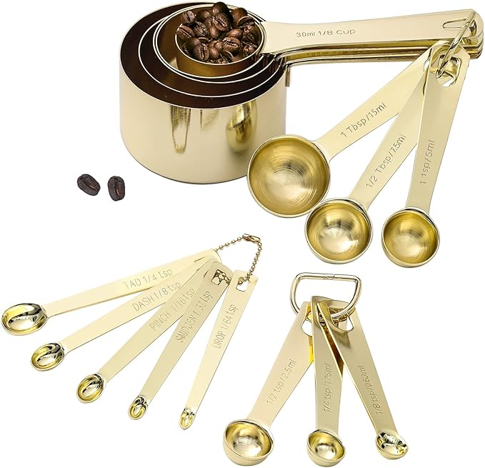16 Pcs Stainless Steel Measuring Cups & Spoons Set, Gold | Heavy Duty Metal, 5 Cups, 6 Tbsp Tsp Spoons, 5 Mini Spoons, For Kitchen Cooking Baking