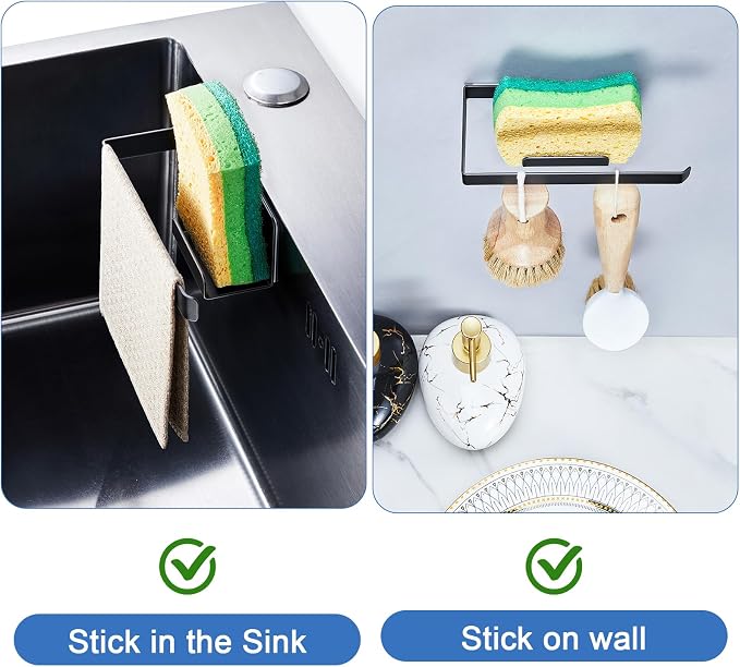 Sponge and Dish Cloth Holder for Kitchen Sink, 2 in 1 Adhesive Sink Dish Sponge Holder, Sinks Caddy Organizer Rack for Storage Sponges Scrubber Glove and Brush, Black