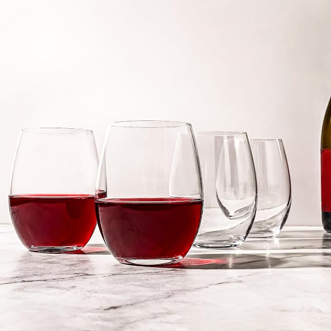Stemless Wine Glass - Set of 12, 15 Oz Clear Cut Rim Wine Tumbler for Red, White Wine, Dishwasher Safe, Clear