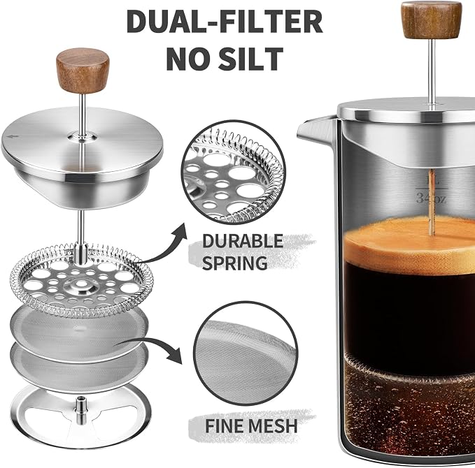 French Press Coffee Maker, 34oz Stainless Steel Coffee Press Real Wood Handle, Double Wall Insulated French Coffee Press with Dual-Filter Screen, Perfect for Camping & Kitchen Use