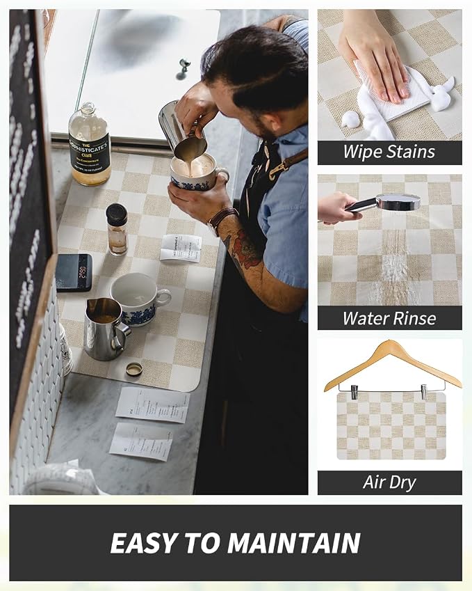 AMOAMI Dish Drying Mat for Kitchen Counter-Coffee Mat Bar Accessories, Hide Stain, Rubber Backed, Absorbent, Fit Under Coffee Maker, Espresso Machine, Pot, Dish Rack,(16X24,Buffalo Beige)
