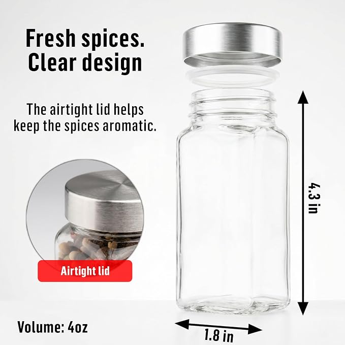 Deco haus Empty Glass Spice Jars with White Label 24x4oz [LABELS incl] Spice Containers with Labels, Shaker Lids & Funnel - Empty Herb Seasoning Containers, Small Seasoning Bottles for Herb | Spice Shaker Glass with Shaker Insert, Pen - Spice Container...