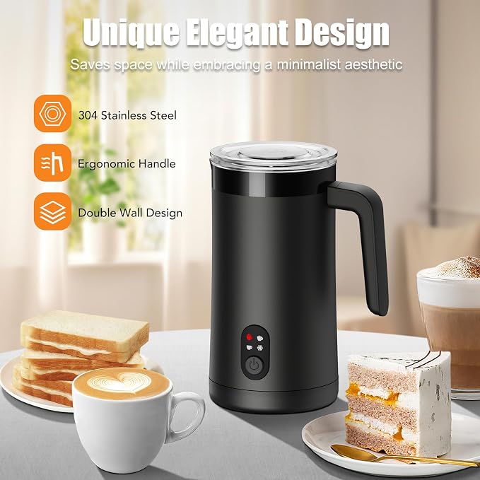Milk Frother, 4-in-1 Milk Steamer and Frother, 13.5oz, Black | Large Capacity Electric Milk Steamer, Hot & Cold Foam Maker and Milk Warmer, Frother for Coffee, Latte, Cappuccino, Macchiato