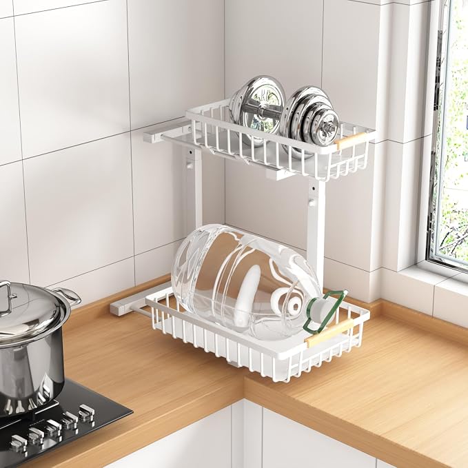 Merrylun Under Sink Organizers,5 Adjustable Height，Metal Pull Out Under Sink Organizers and Storage Shelves with Sliding Drawer, White 1pack（Hight 13.6″-16.9″）
